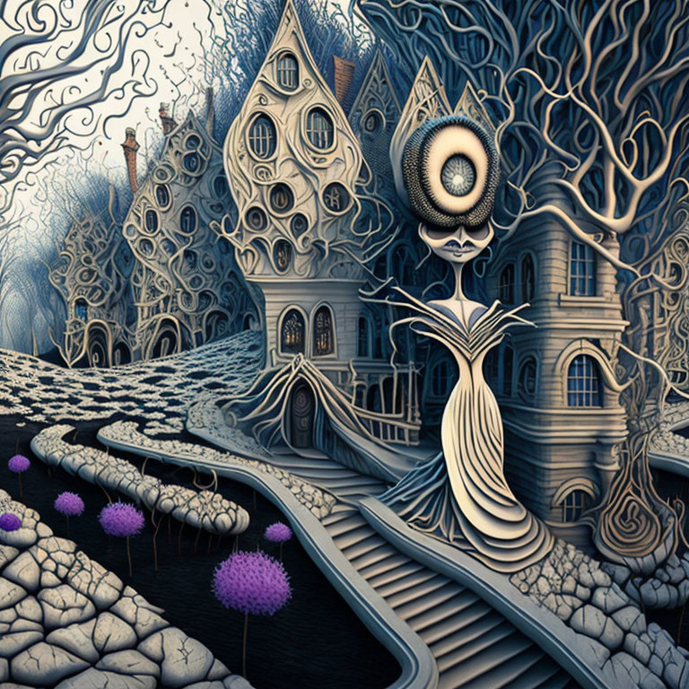 Surreal artwork: figure with eye head in whimsical landscape