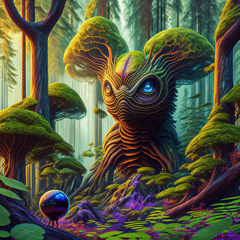 Colorful alien creature with large eye in mystical forest with glowing orb