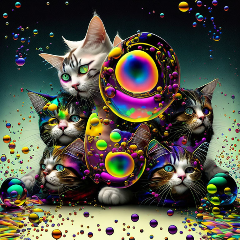 Colorful Bubble Cats Artwork with Dark Background