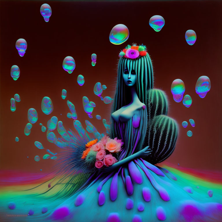 Surreal artwork: Stylized female figure with striated hair and iridescent bubbles on