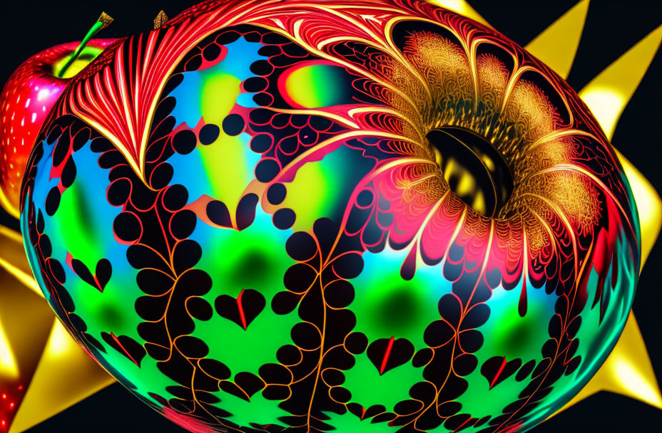 Colorful digitally rendered apples with intricate patterns on dark background