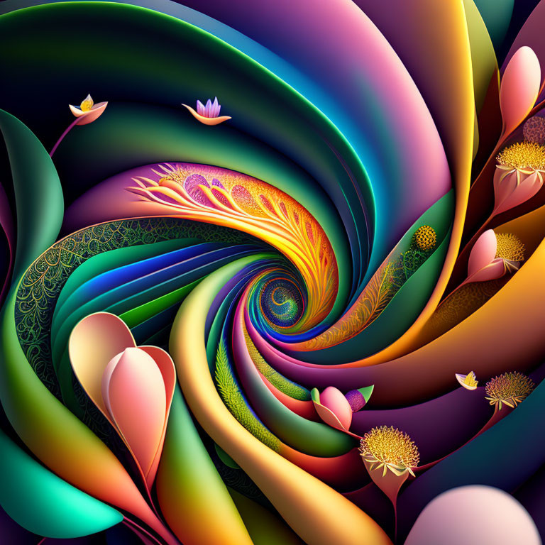 Colorful abstract art: swirling peacock feather pattern, multicolored petals, floral elements on dark