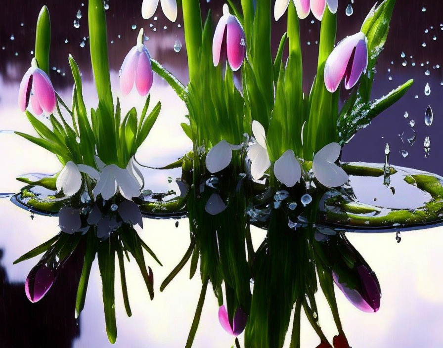 Tulips and Buds with Dewdrops on Water Surface in Blurred Purple Background