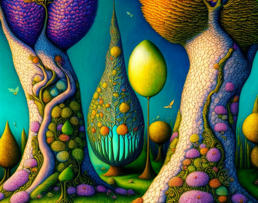 Colorful surreal landscape with stylized trees and whimsical shapes