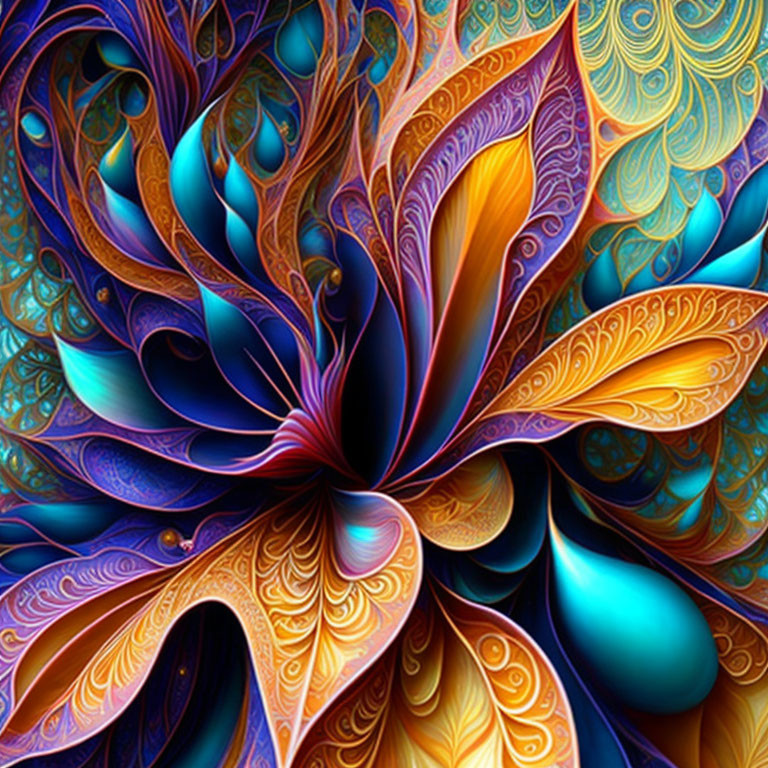 Colorful fractal art: Blue, orange, and purple swirling flower pattern.