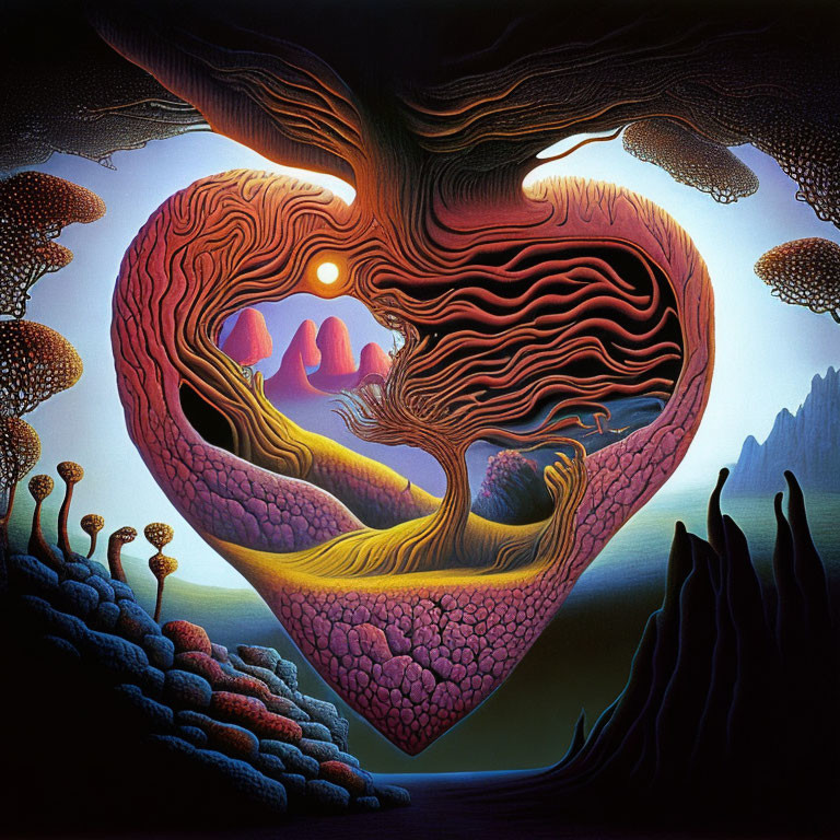 Heart-shaped surreal landscape with tree-like structures and pink ground under a setting sun