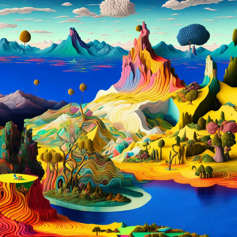 Colorful surreal landscape with layered hills, whimsical trees, lakes, and floating landmasses