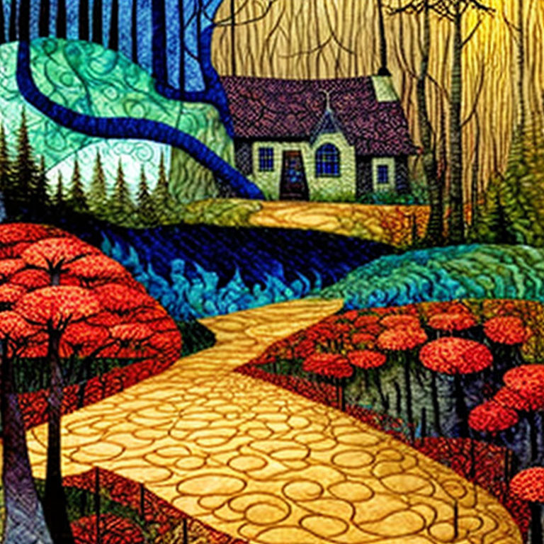 Colorful painting of whimsical landscape with cobblestone path and quaint house