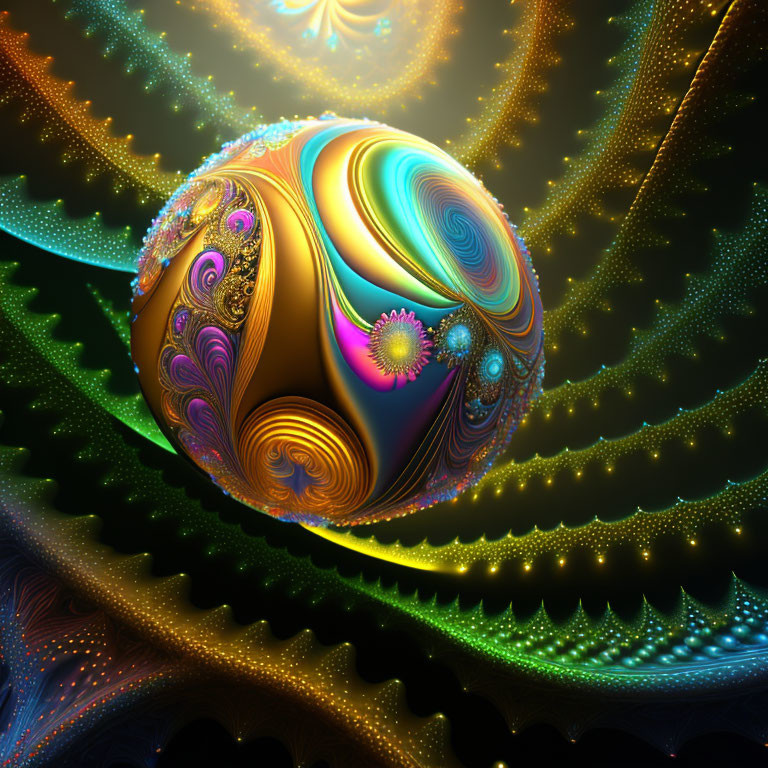 Colorful fractal image of glossy spherical object with intricate patterns on swirling neon-lit backdrop