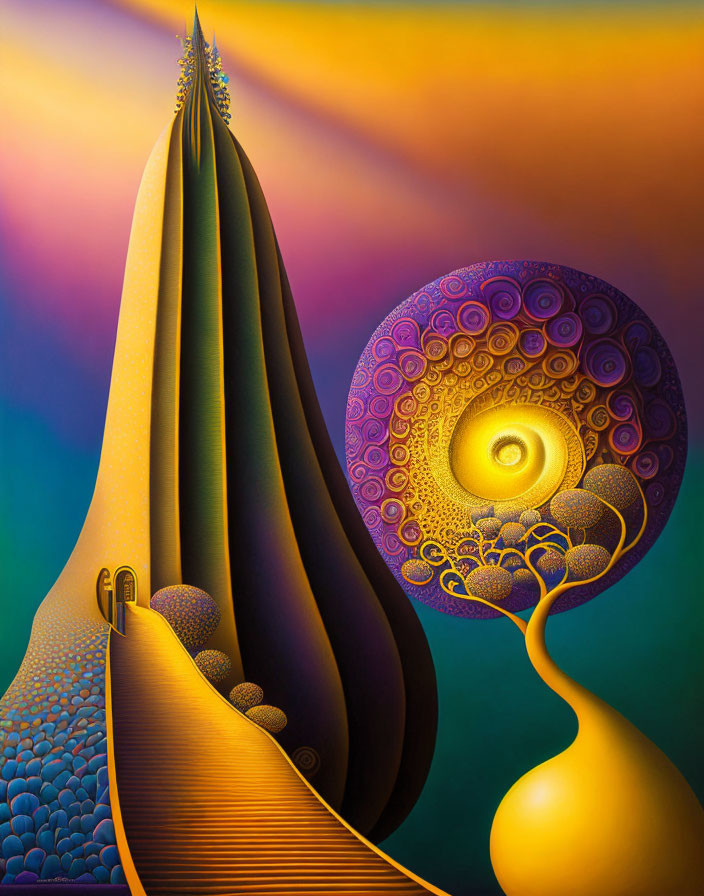 Colorful surreal painting with swirling sun and door on hill.