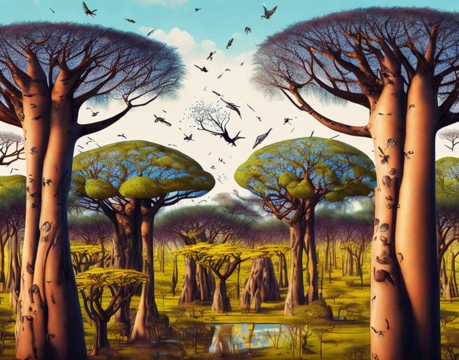 Lush savanna landscape with baobab trees, waterhole, and birds in clear sky