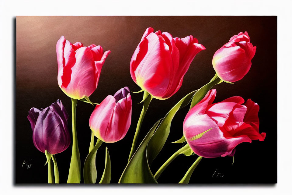 Vibrant Pink Tulips Painting with Dark Background