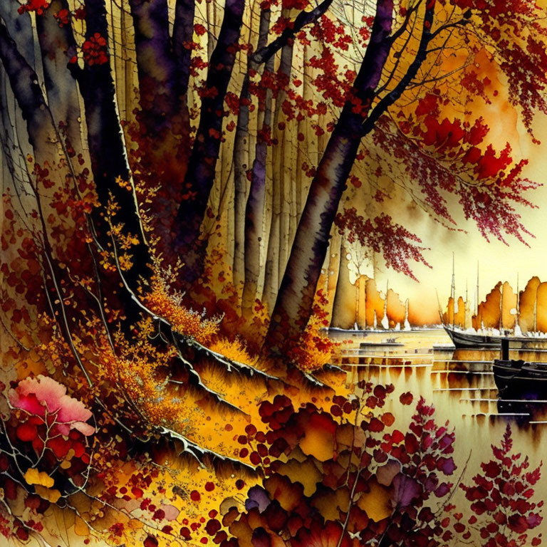 Autumnal forest scene in vibrant watercolor