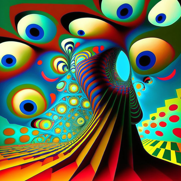 Abstract digital artwork: Swirling patterns, multiple eyes, psychedelic colors