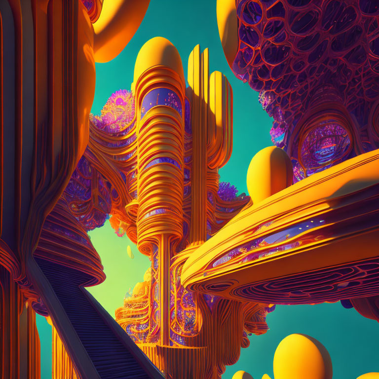 Abstract futuristic digital artwork: Vibrant orange and purple structures on blue sky