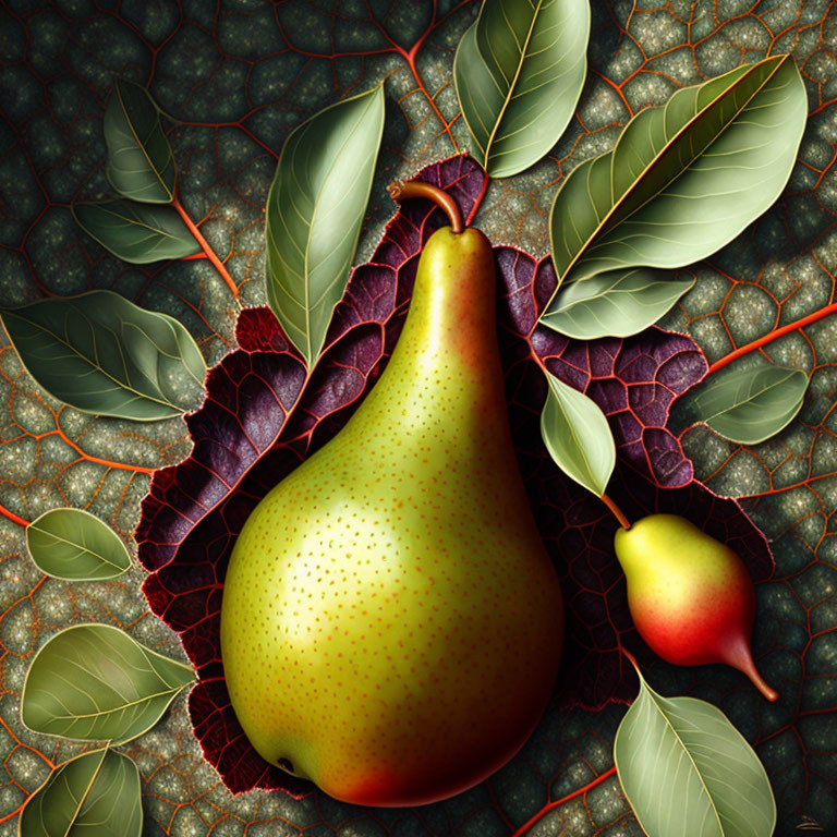 Vibrant digital artwork featuring green and red pears with leaves