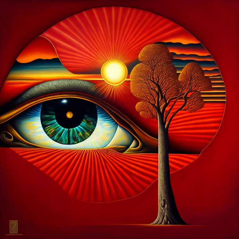 Vibrant eye artwork with scenic landscape in iris