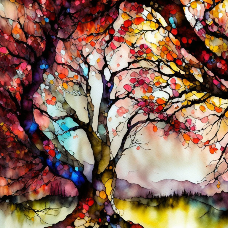 Colorful autumn tree in watercolor painting