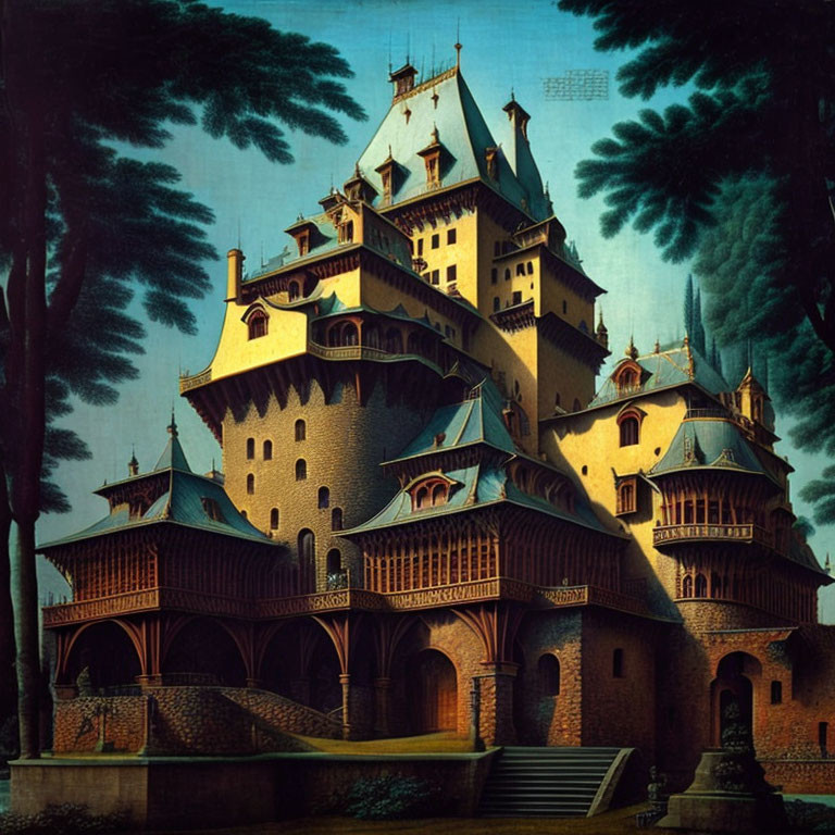 Fantastical multi-storied castle with turrets and arcades in twilight setting