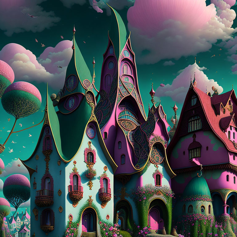 Colorful Fantastical Buildings under Pink Clouded Sky Landscape