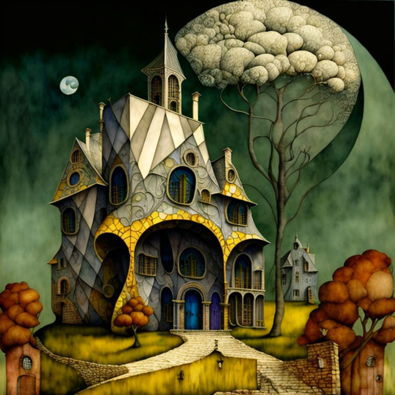 Whimsical house illustration with moon, tree, cloud, and houses in dark palette