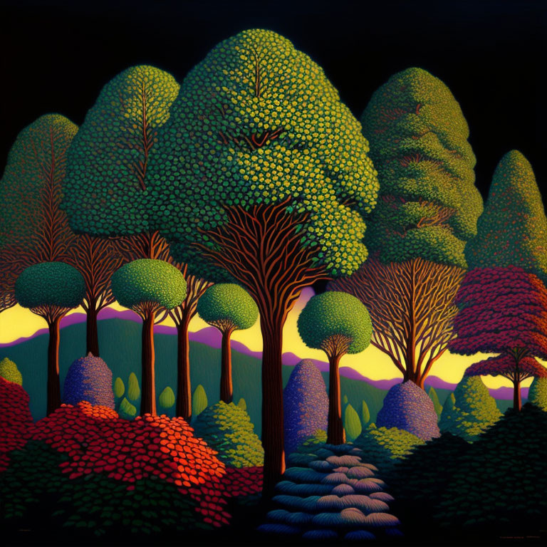 Colorful Forest Painting with Rounded Trees in Green, Purple, and Red