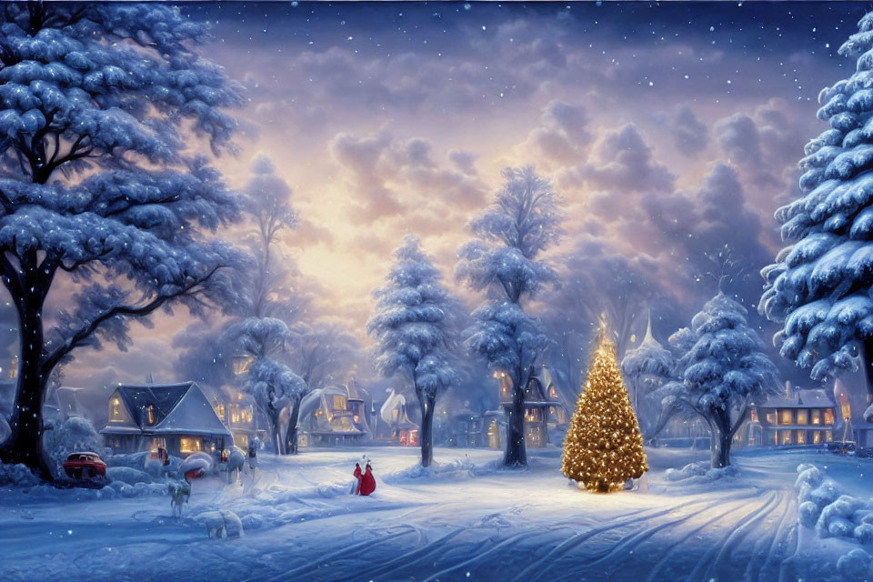 Snow-covered trees, glowing Christmas tree, and quaint village in winter evening