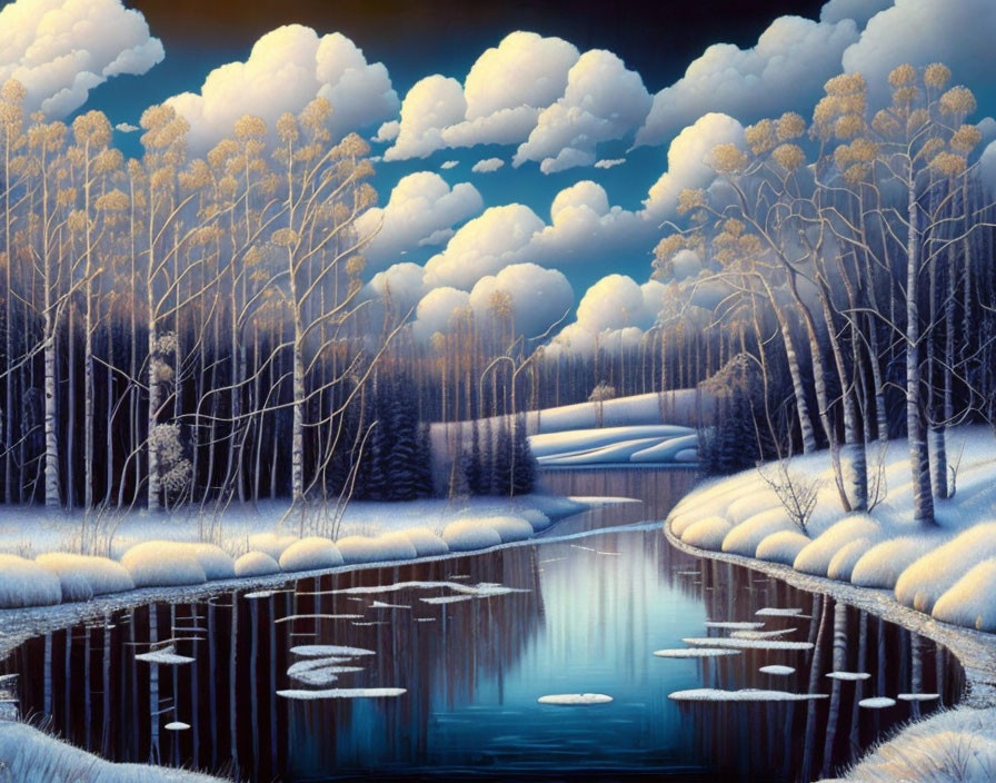 Snow-covered trees and serene river in surreal landscape.