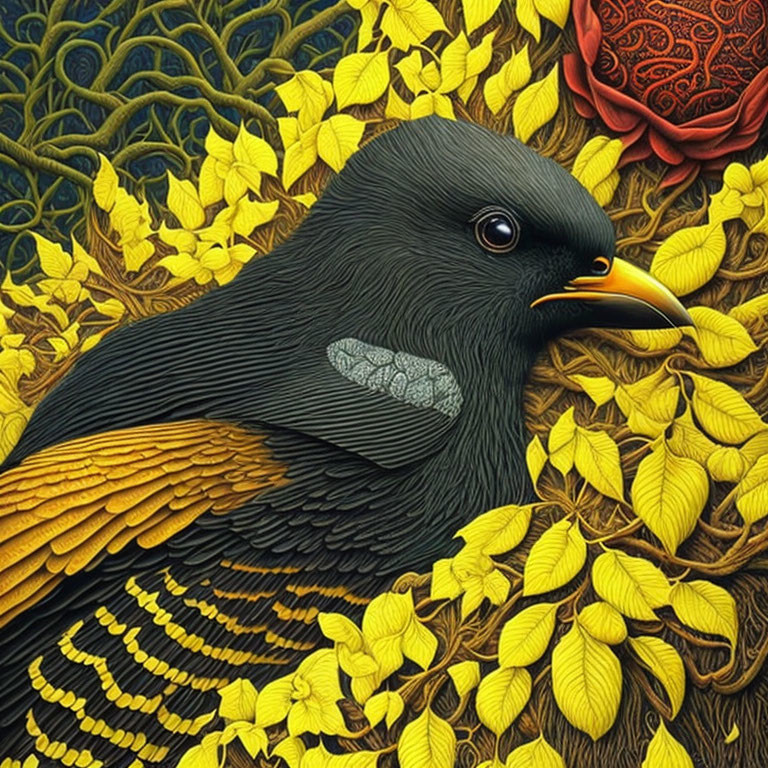 Detailed Black Bird Illustration with Yellow Feathers and Red Rose Accents