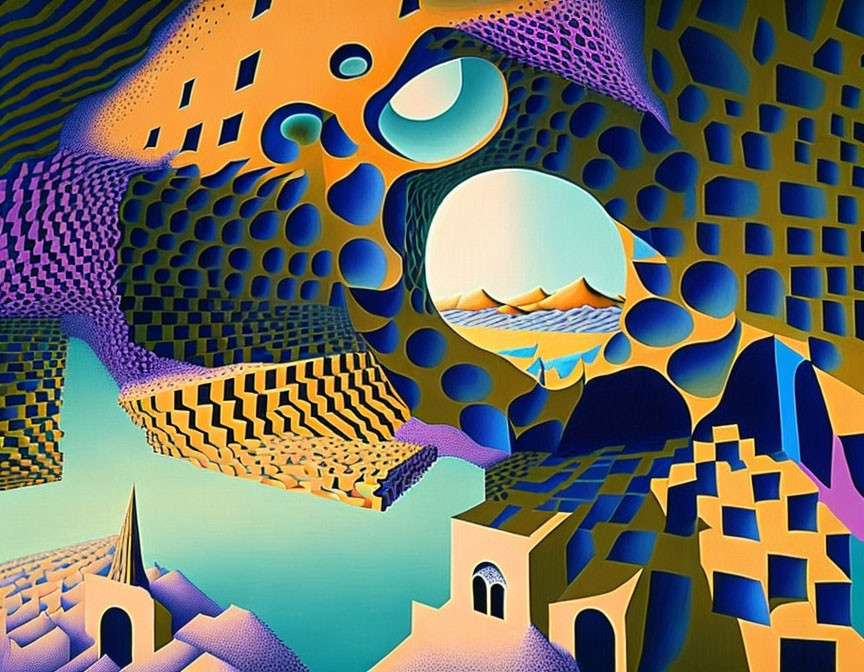 Vibrant surreal landscape with undulating patterns and architectural forms