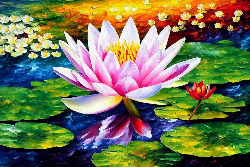 Colorful Lotus Flower Painting on Serene Pond