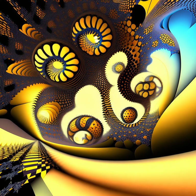 Colorful digital fractal art with yellow, blue, and black swirls and intricate patterns reminiscent of