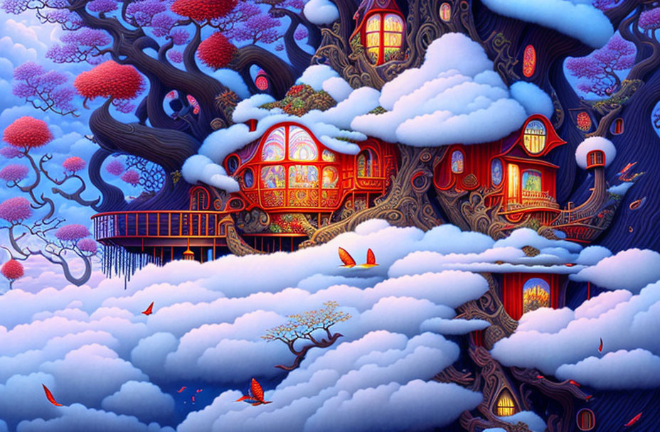 Magical treehouse illustration with cherry blossoms and twilight sky