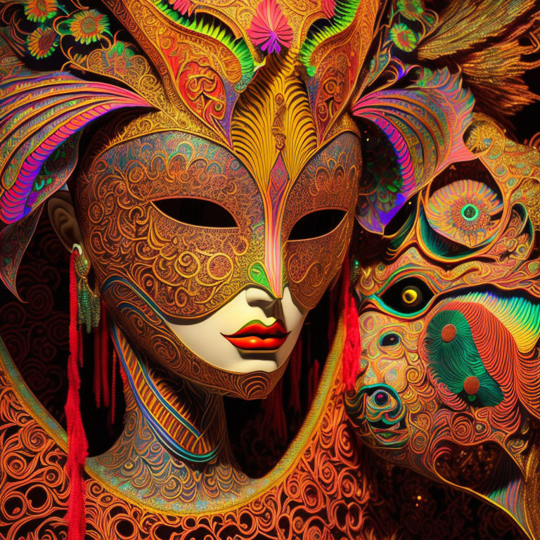 Intricate Venetian masks with colorful patterns and gold accents