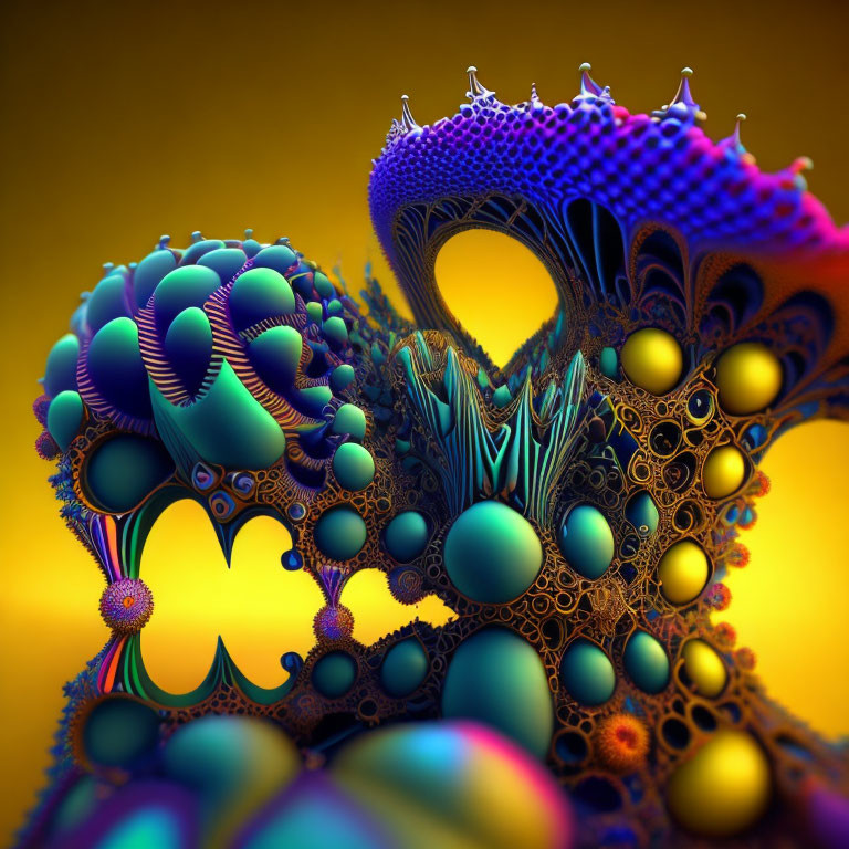 Colorful 3D fractal: intricate alien coral patterns in blues and purples on yellow