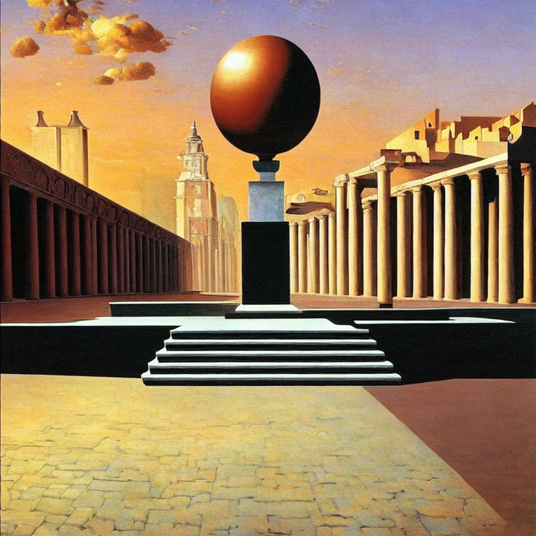 Surreal egg-shaped object on pedestal with classical columns in empty plaza