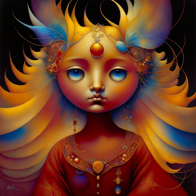 Illustration of mystical child with blue eyes, golden headpiece, and vibrant orange hair.