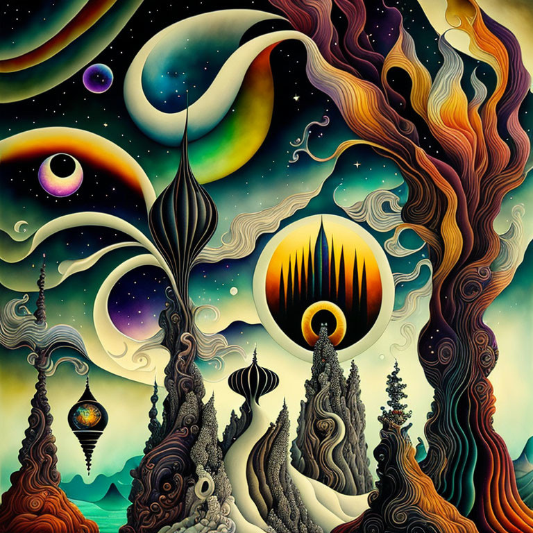 Colorful Psychedelic Art with Swirling Patterns & Celestial Motifs