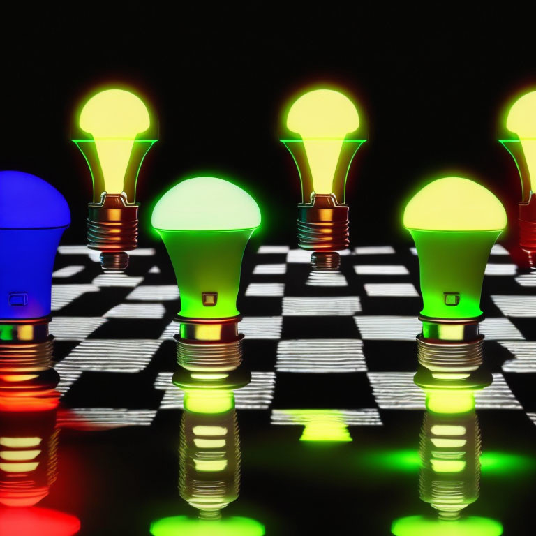 Vibrant multicolored light bulbs on chessboard pattern background