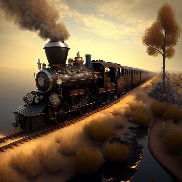 Vintage steam locomotive on track in golden sunset landscape with lone tree.