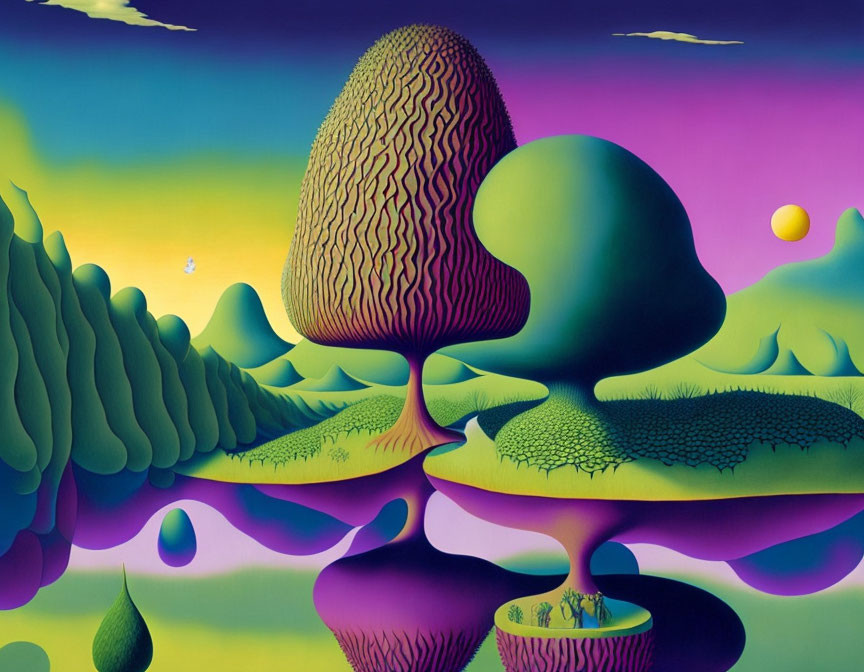 Vibrant surreal landscape with stylized trees and hills under purple and yellow sky