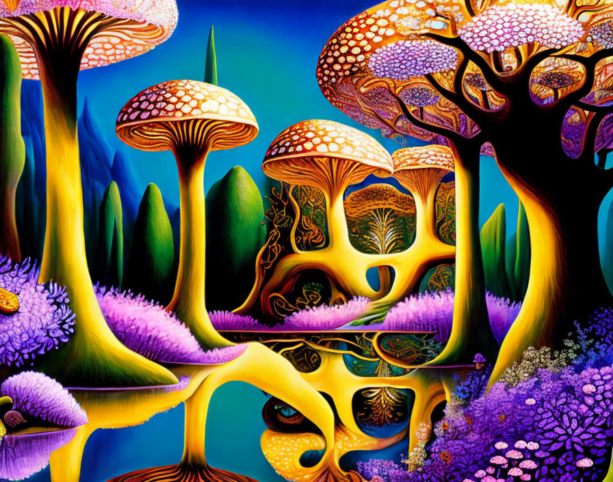 Colorful Mushrooms and Fantasy Trees in Surreal Landscape