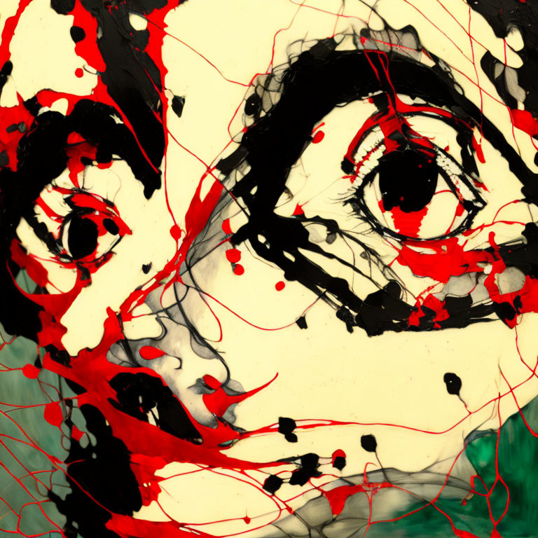 Close-up portrait with red and black splashes on green backdrop, emphasizing intense eyes and lips.