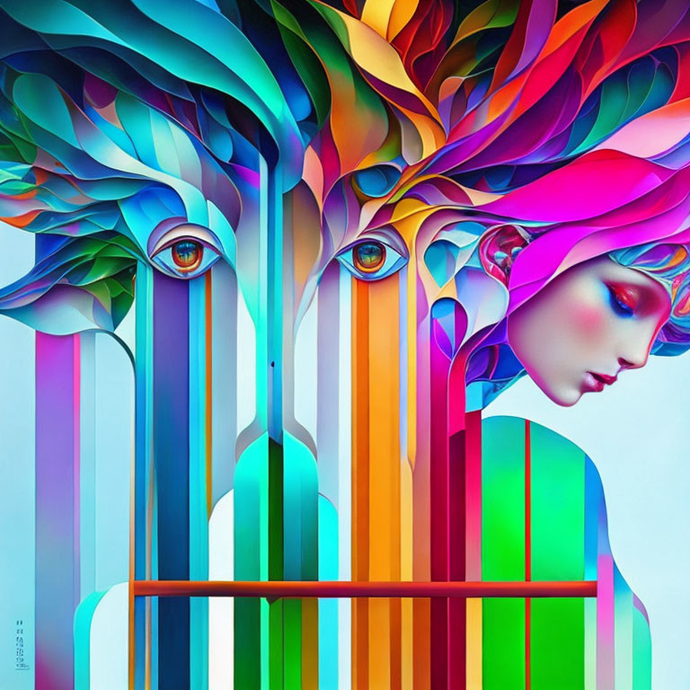 Colorful digital art: stylized female figure with flowing multicolored hair merging into abstract tree shapes