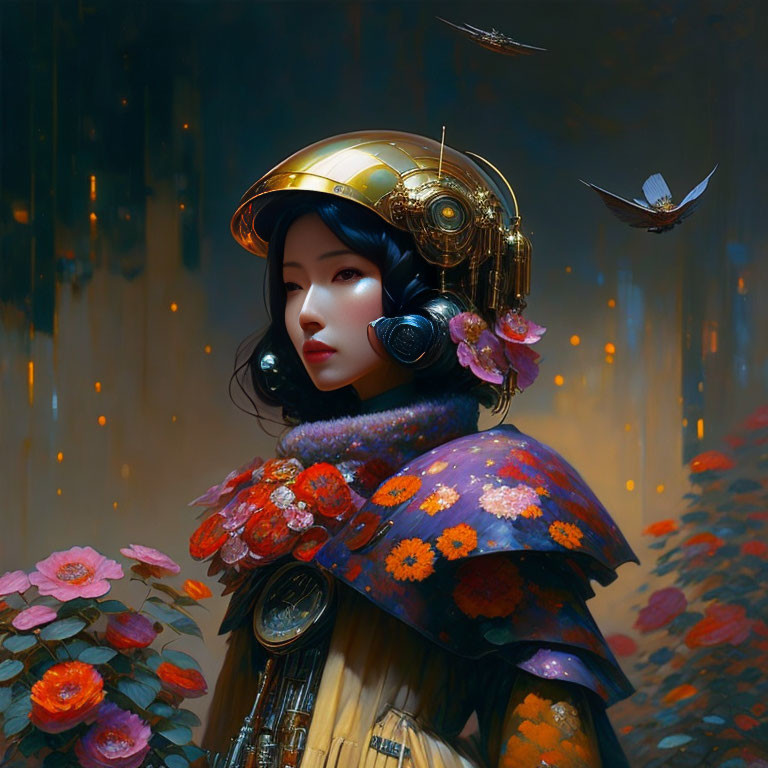 Digital Artwork: Woman in Golden Helmet with Mechanical Details and Floral Armor