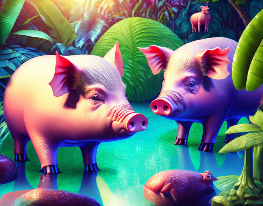 Stylized pigs in vibrant jungle with reflective water