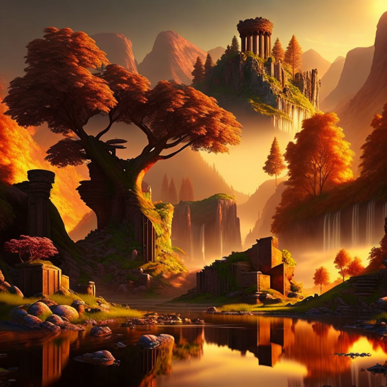 Fantasy landscape with orange-leafed trees, waterfalls, ancient ruins, reflective lake, and