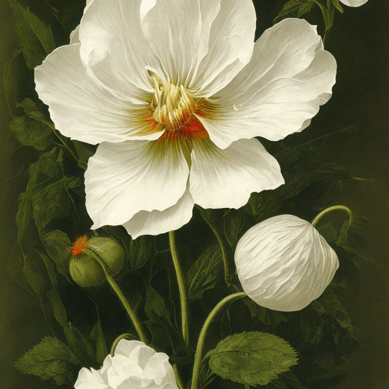 Detailed Botanical Illustration of Large White Hibiscus Flower