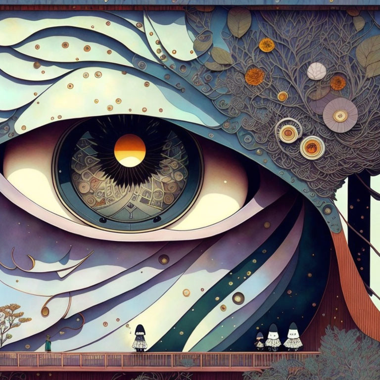 Detailed eye artwork with swirling patterns, floral motifs, and small figures under starry sky