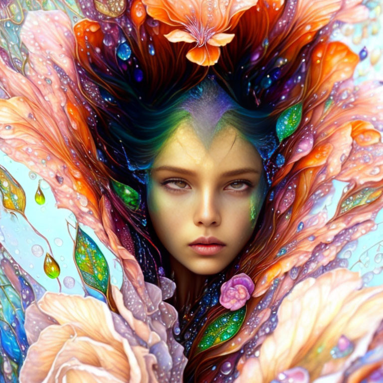 Vibrant digital artwork: Woman's face with colorful floral patterns